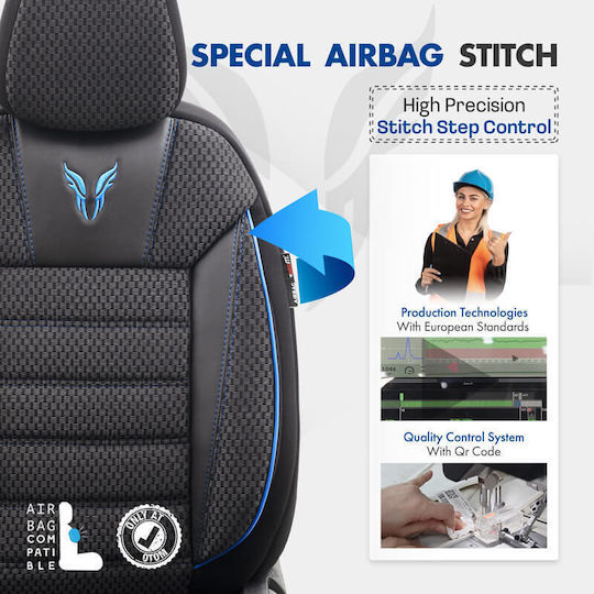 Otom Toro Design Universal Car Seat Covers Cotton Fabric Leatherette Set Front Rear 11 Pieces Black Blue Tro-903