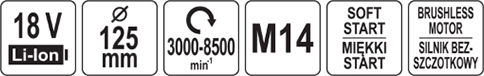 Yato Grinder 125mm Battery with Speed Control 18V Solo