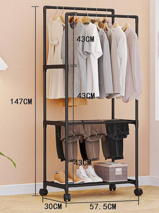 Wheeled Floor Garment Rack made of Metal Black 147x57cm