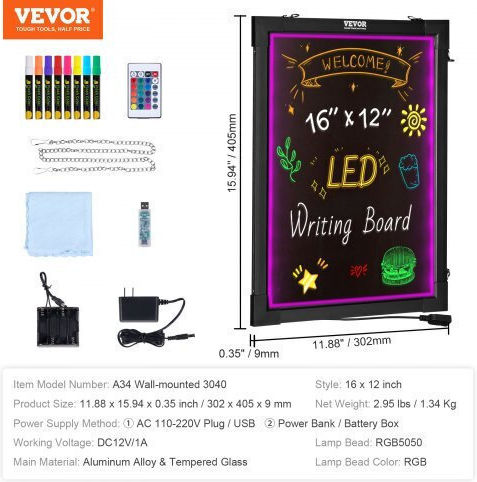 Tablă de mesaje LED Vevor 16"x12" cu scriere și ștergere iluminată Ledsxlyb12x1wy9o1v2