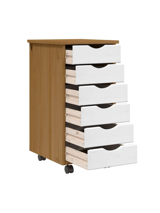 Vidaxl Rolling Cabinet with Drawers Moss Honey Brown Solid Pine Wood 34x39x65.5cm 1 Piece Brown