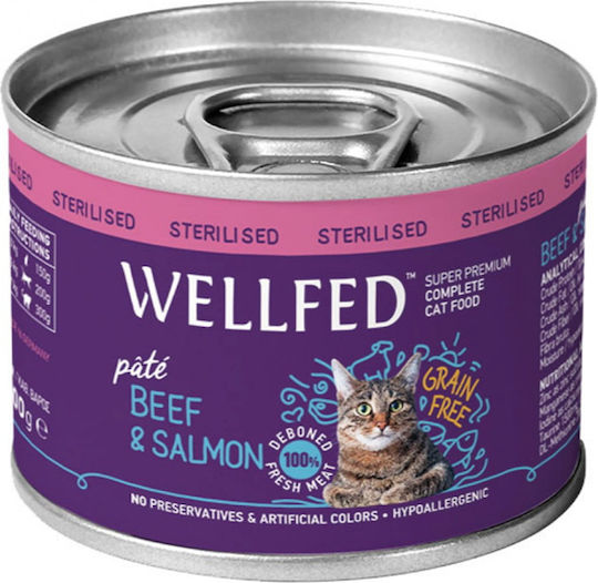 Wellfed Sterilised Wet Food for Adult Cats in Cans with Calf and Salmon Grain-Free 200gr