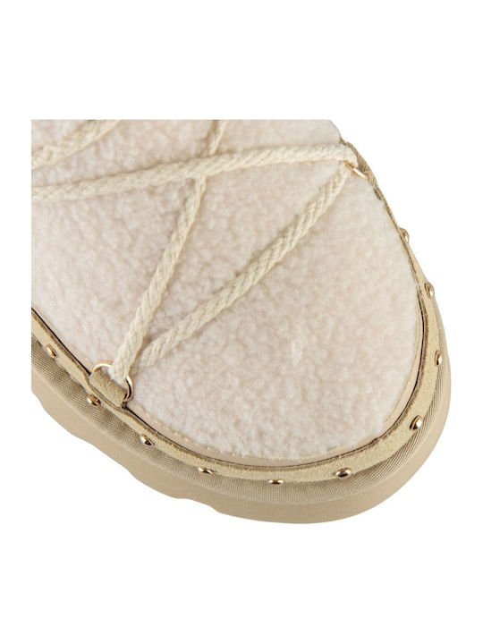 Leather Women's Ankle Boots with Fur Beige