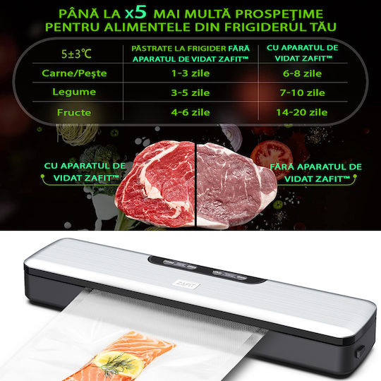 Zafit Vid-125 Aparat de Vidat Profesional pentru Alimente 125 W Bară de Etanșare de 32 cm 5 Pungi de Vidat Incluse Argintiu Metalic