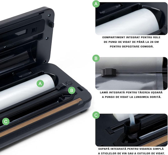 Zafit Vid-110 Pro+ Sigilatoare cu Vid pentru Alimente Lungimea de Sigilare 30 Cm Roll de 300 Cm x 28 Cm Recipient pentru Sticle Tub de Vid Negru Oțel Inoxidabil