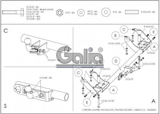 Galia Tow Hook Car Peugeot Boxer Van 1994-2006 Maximum Towing Weight 2000kg with Screws