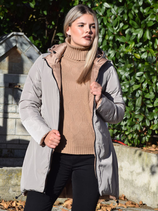 Women's Long Lifestyle Jacket Double Sided Windproof for Spring or Autumn with Detachable Hood Mocha Metallic