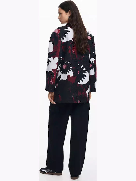 Winter Daisies Women's Black Coat with Buttons