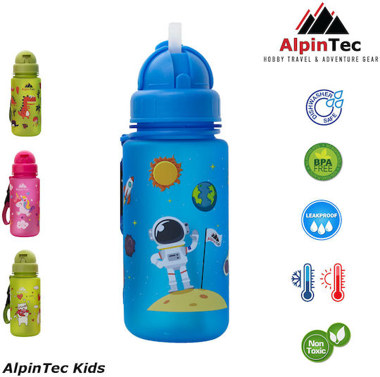 AlpinPro Kids Water Bottle Plastic with Straw Non Spill Blue 400ml