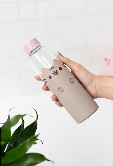 Pusheen Glass Kids Water Bottle Set with Screw-on Cap Non Spill Beige 500ml