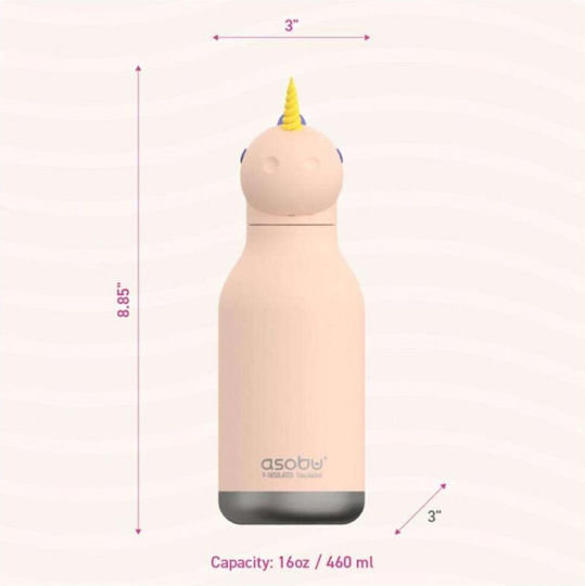 Asobu Kinderflasche Thermos Einhorn Rostfreier Stahl mit Strohhalm Rosa 460ml