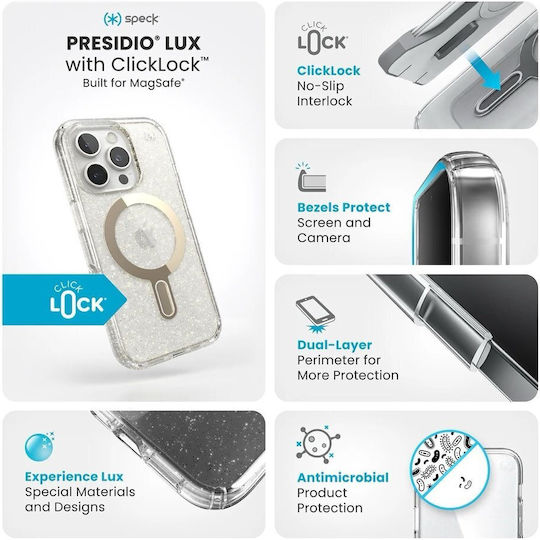 Speck Presidio Lux + Clicklock Back Cover Plastic / Silicone Clear / Gold Glitter (iPhone 16 Pro)
