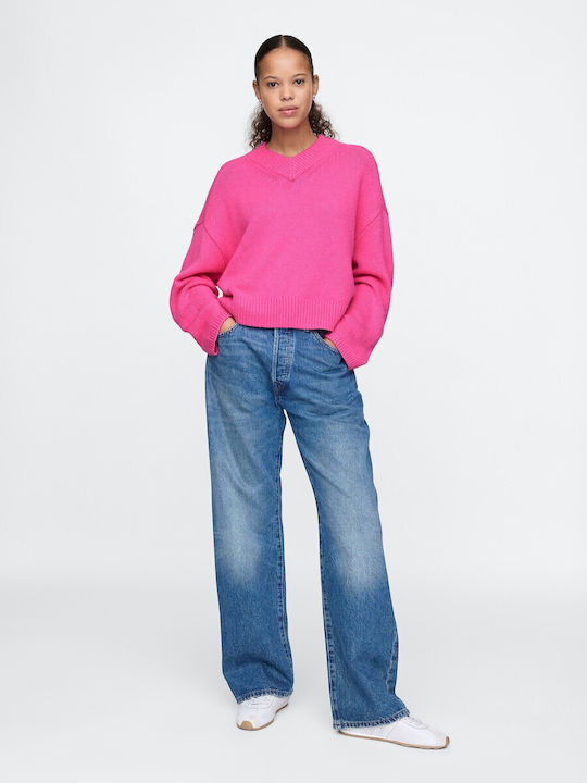 Women's Long Sleeve Sweater Cotton with V Neckline Phlox Pink
