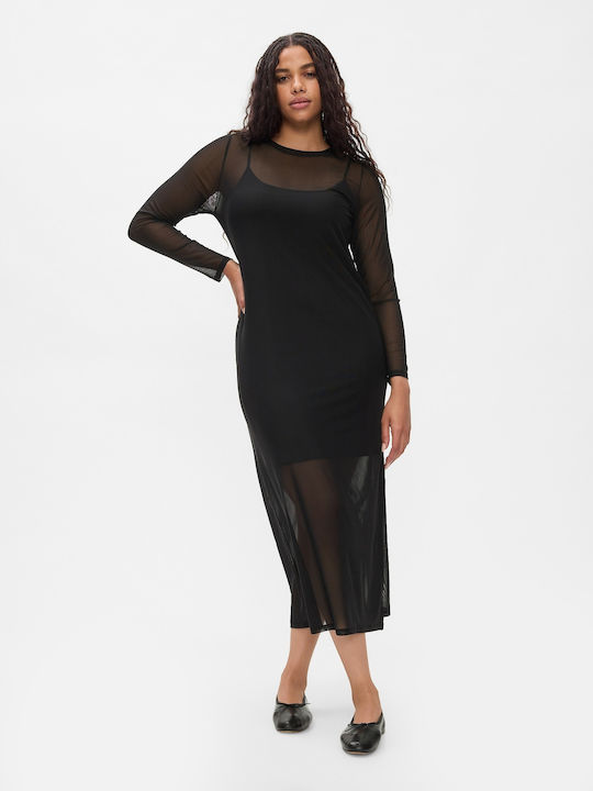 Midi Evening Dress with Sheer Black