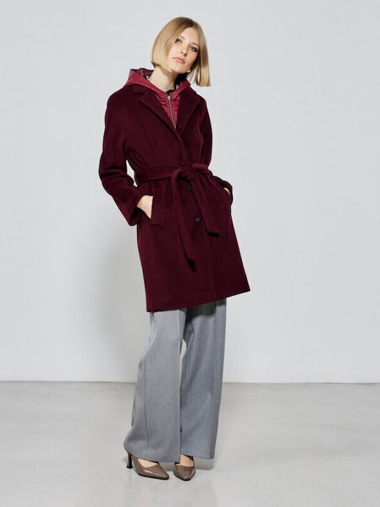 Women's Burgundy Coat with Buttons