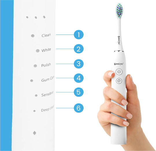 Periuță de dinți electrică sonică Maltec Toothie X1 cu 6 capete 6 programe diferite 45.000 vibrații pe minut cu husă inclusă Alb
