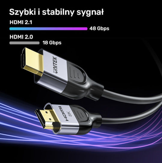 Unitek 60Hz HDMI 2.1 Ultra High Speed 48Gbps 4K 120Hz HDR VRR Cable HDMI Male - HDMI Male 1m Black