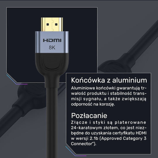 Unitek 60Hz HDMI 2.1 Ultra High Speed 48Gbps 4K 120Hz HDR VRR Cable HDMI Male - HDMI Male 1m Black