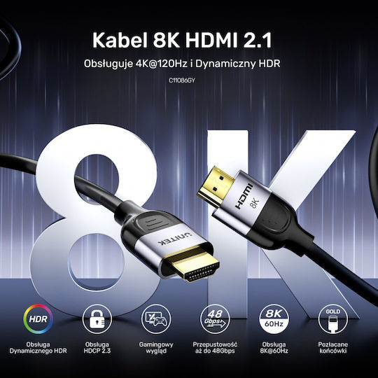 Unitek 60Hz HDMI 2.1 Ultra High Speed 48Gbps 4K 120Hz HDR VRR Cable HDMI Male - HDMI Male 1m Black
