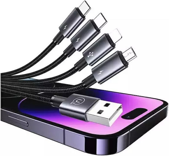 Usams Usb-a Regular Cablu USB la Lightning / Type-C / micro USB cu mai multe porturi 5A Negru 1.2m (US-SJ739)