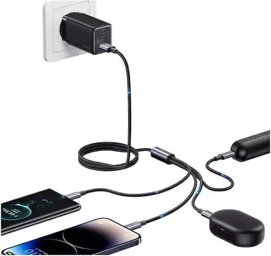 Usams Usb-a Regular Cablu USB la Lightning / Type-C / micro USB cu mai multe porturi 5A Negru 1.2m (US-SJ739)