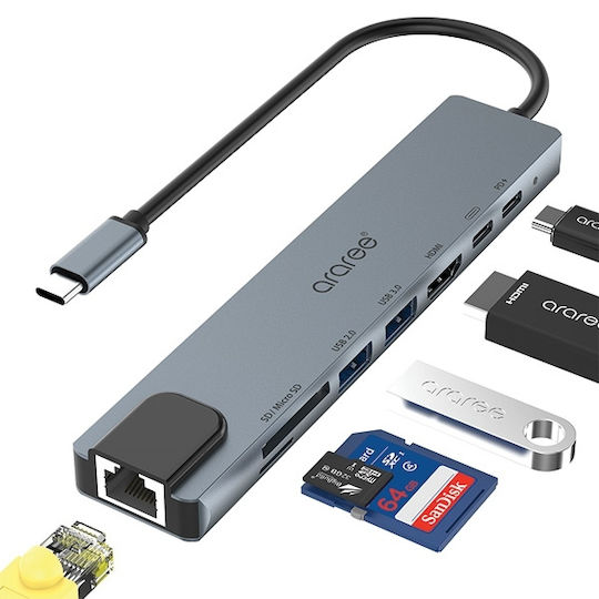 Araree AM81 USB-C Stație de andocare cu 4K PD Ethernet Gri