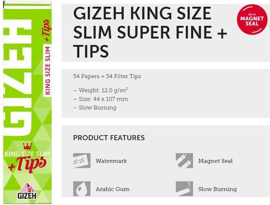 Gizeh Χαρτάκια Στριφτού Τσιγάρου Slim King Size με Τζιβάνες 34 φύλλα 1τμχ