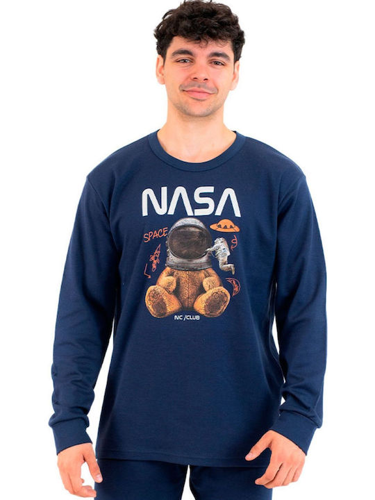 Nina Club NASA Χειμερινή Ανδρική Πιτζάμα Βαμβακερή Μπλε