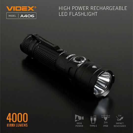 Videx Επαναφορτιζόμενος Φακός LED IP68 με Μέγιστη Φωτεινότητα 4000lm