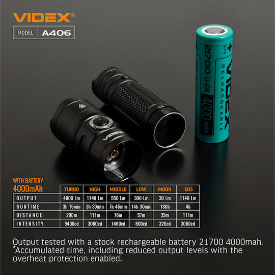 Videx Επαναφορτιζόμενος Φακός LED IP68 με Μέγιστη Φωτεινότητα 4000lm