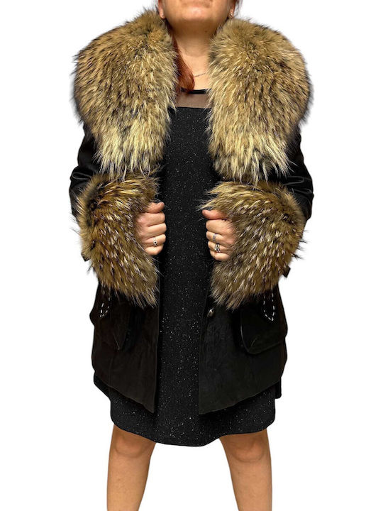 Leather Women's Black Coat with Fur Details