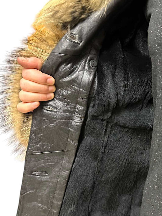 Leather Women's Black Coat with Fur Details