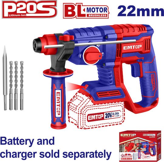 Emtop Schlag Meißelhammer Batterie Brushless 20V Solo mit Aufnahme SDS Plus ELRH20208