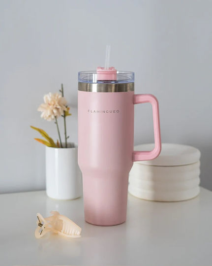 Flamingueo Handled Tumbler Θερμός Ανοξείδωτο 1.18lt Ροζ με Καλαμάκι και Λαβή