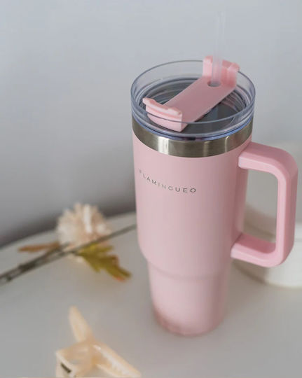 Flamingueo Handled Tumbler Θερμός Ανοξείδωτο 1.18lt Ροζ με Καλαμάκι και Λαβή
