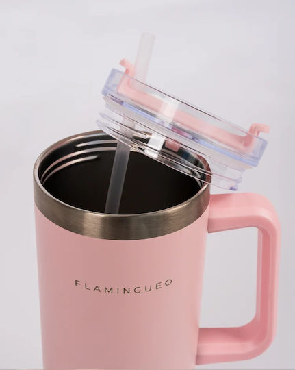 Flamingueo Handled Tumbler Θερμός Ανοξείδωτο 1.18lt Ροζ με Καλαμάκι και Λαβή