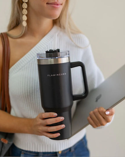 Flamingueo Handled Tumbler Θερμός Ανοξείδωτο 1.18lt Μαύρο με Καλαμάκι και Λαβή