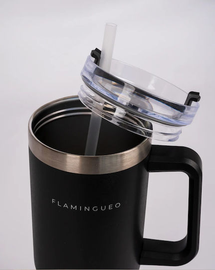 Flamingueo Handled Tumbler Θερμός Ανοξείδωτο 1.18lt Μαύρο με Καλαμάκι και Λαβή