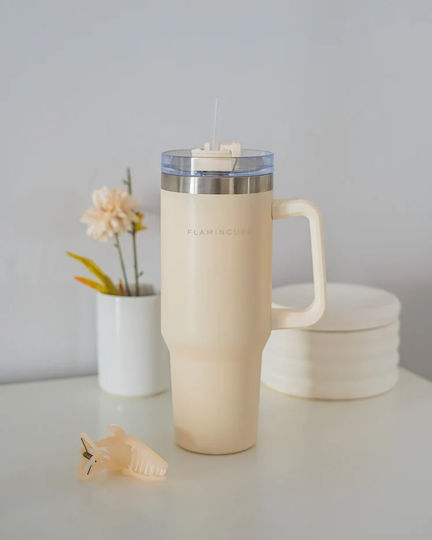 Flamingueo Handled Tumbler Θερμός Ανοξείδωτο 1.18lt Μπεζ με Καλαμάκι και Λαβή