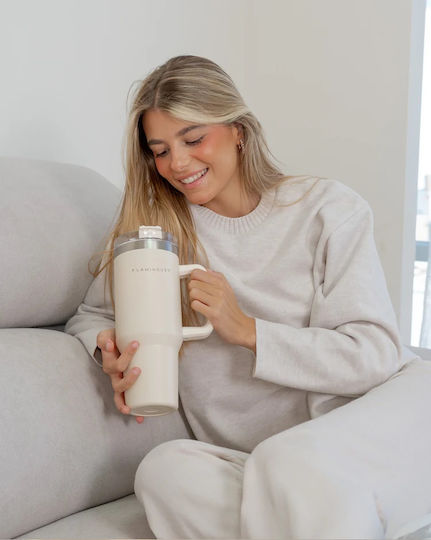 Flamingueo Handled Tumbler Θερμός Ανοξείδωτο 1.18lt Μπεζ με Καλαμάκι και Λαβή