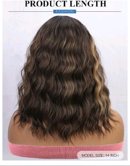 Women's Wig Wavy Brown Highlights High-Quality Synthetic Front Lace Transparency 14 Inches