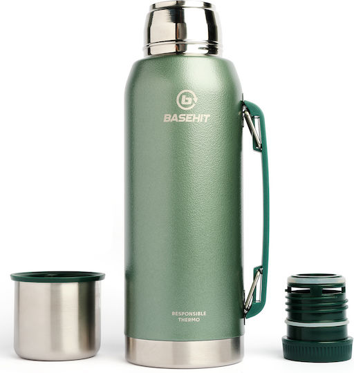 Basehit Recyclable Bottle Thermos Stainless Steel BPA Free 1lt Green with Cap-Cup and Handle