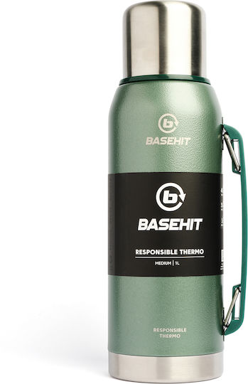 Basehit Recyclable Bottle Thermos Stainless Steel BPA Free 1lt Green with Cap-Cup and Handle