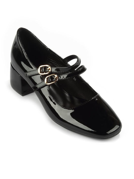 Fshoes Patent Leather Black Medium Heels with Strap