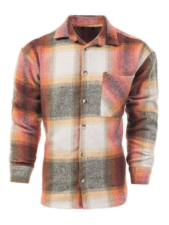 Long Sleeve Flannel Overshirt in Regular Fit Checked Pattern Orange