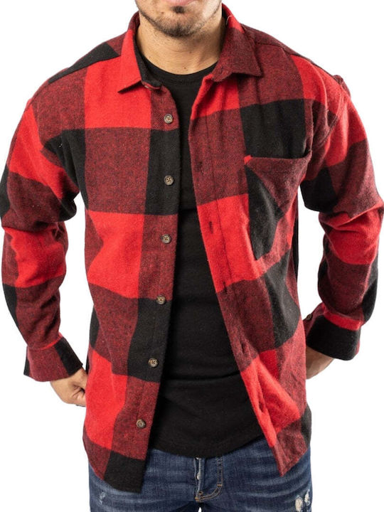 Long Sleeve Flannel Overshirt in Regular Fit Checked Pattern 7211-1-Red