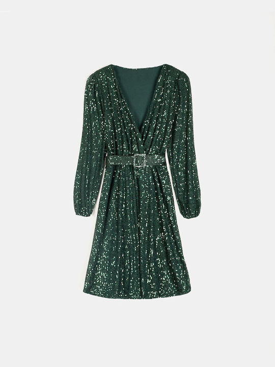 Wrap Dress with Sequins and Belt Green Green