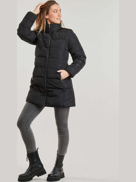 Women's Long Puffer Jacket for Winter with Hood Black