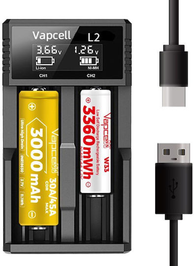 Vapcell L2 USB Зарядно 2 за батерии Li-ion/Ni-Cd/Ni-MH Размер AA/AAA/18650/21700/16340/26650/14500 в Черен цвят