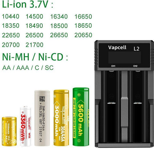 Vapcell L2 USB Зарядно 2 за батерии Li-ion/Ni-Cd/Ni-MH Размер AA/AAA/18650/21700/16340/26650/14500 в Черен цвят